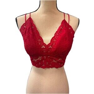 PINK Lace Bralette Red Large – Double Adjustable Straps, Scalloped Lace Detail